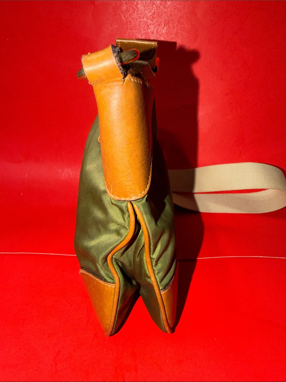 Prada Olive Green Nylon Crossbody with Brown Leather Trim and Beige Strap - Picture 3 of 12